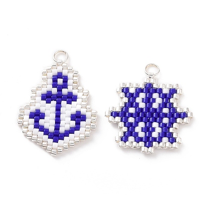2Pcs 2 Styles Handmade Japanese Seed Pendants, Loom Pattern, with Silver Color Plated Stainless steel Rings, Anchor & Helm