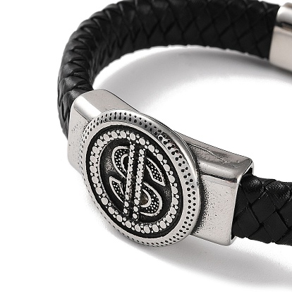 Men's Braided Black PU Leather Cord Bracelets, Lucky Money Dollar Sign 304 Stainless Steel Link Bracelets with Magnetic Clasps