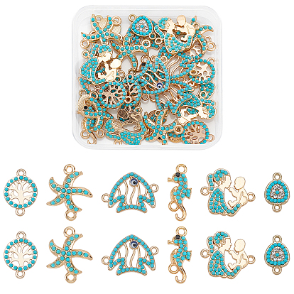 36Pcs 6 Style Alloy Rhinestone Links Connectors, with Resin, Teardrop & Sea Horse & Flat Round & Starfish & Fish & Human