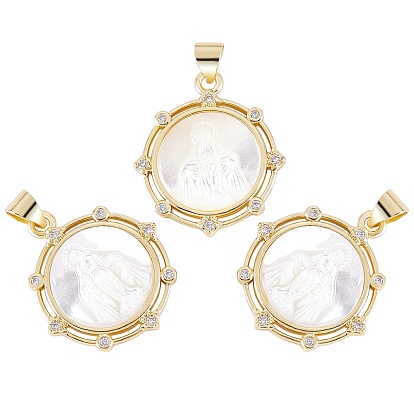 3Pcs Eco-friendly Brass Micro Pave Clear Cubic Zirconia Pendants, with Natural Shell, Long-Lasting Plated, Real 18K Gold Plated, Cadmium Free & Lead Free, Flat Round