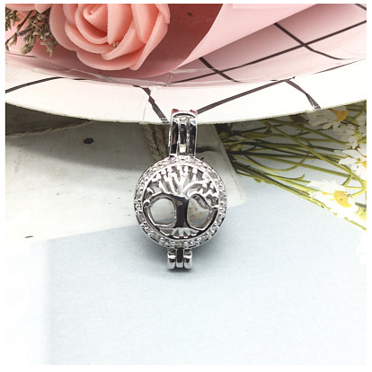 Brass Bead Cage Pendants, with Clear Cubic Zirconia, Tree of Life Charm, for Chime Ball Pendant Necklaces Making