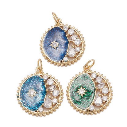 Brass Clear Cubic Zirconia Pendants, with Jump Ring, Long-Lasting Plated, Lead Free & Cadmium Free, Flat Round with Sun Pattern, Real 18K Gold Plated