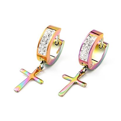 Crystal Rhinestone Cross Dangle Hoop Earrings with 316 Stainless Steel Pins, Vacuum Plating Rainbow Color 303 Stainless Steel Jewelry for Women