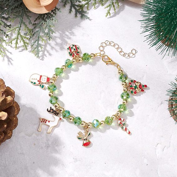 Рождественские браслеты с подвесками из эмали из сплава, браслеты из гальванического стекла рондель из бисера для женщин, с цинковым сплавом застежками омаров коготь