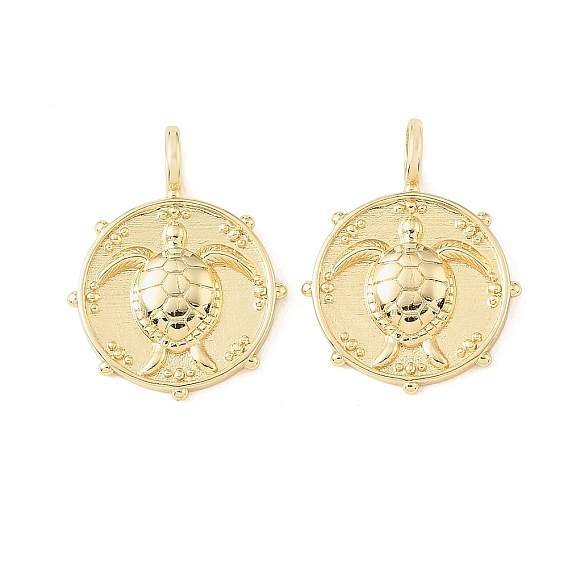 Pendentifs en laiton, plat rond avec breloques tortue, crémaillère plaquage, plaqué longue durée, sans plomb et sans cadmium