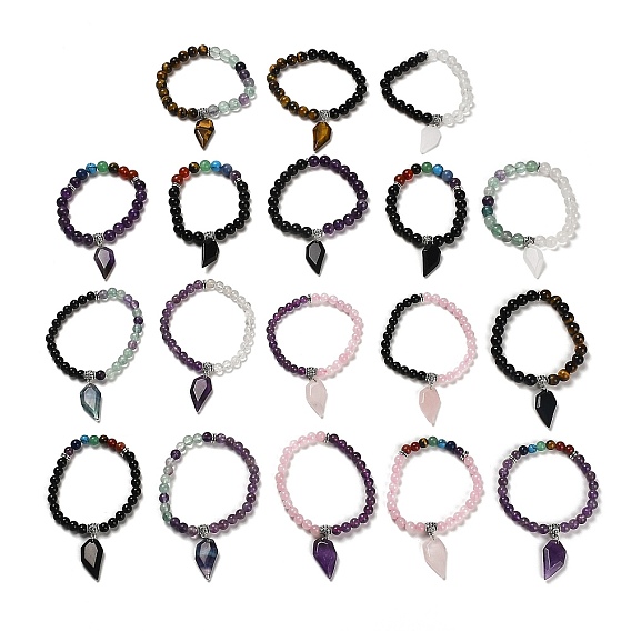 Natural & Synthetic Mixed Gemstone Round Beaded Stretch Bracelets, Chakra Theme Bracelet with Half Heart Charms