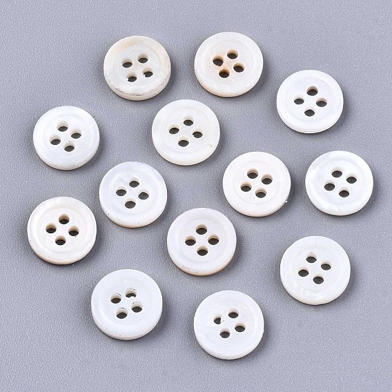 Natural Freshwater Shell Buttons, 4-Hole, Flat Round