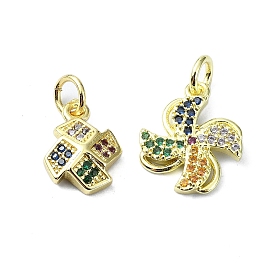 Brass Micro Pave Colorful Cubic Zirconia Pendants, with Jump Ring, Windmill Charm