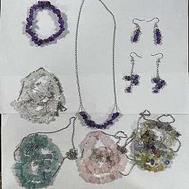 Pulseras, pendientes y collares con cuentas de aguamarina natural, amatista, cristal de cuarzo, cuarzo rosa y chips de fluorita, 304 Conjuntos de joyas de acero inoxidable y latón.