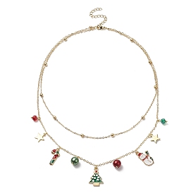 Двухслойное ожерелье из латунных спутниковых цепочек, карамельная трость, дерево и Санта-Клаус, подвески из эмали из сплава, рождественское ожерелье для женщин