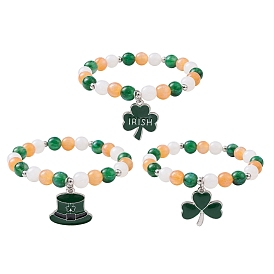 3Pcs 3 Style Resin Imiattion Cat Eye Beaded Stretch Bracelets Set, Hat & Clover Alloy Enamel Charms Stackable Bracelets for Saint Patrick's Day