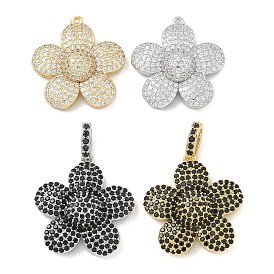 Rack Plating Brass Micro Pave Clear Cubic Zirconia Pendants, Long-Lasting Plated, Lead Free & Cadmium Free, Flower Charms