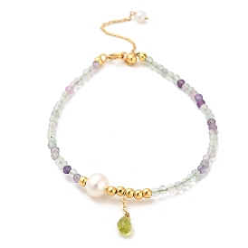 Natural Peridot Bead and Natural Fluorite Bead Bracelets, with Sterling Silver Beads and Pearl Beads, Real 18K Gold Plated
