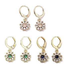 Real 18K Gold Plated Brass Dangle Leverback Earrings, with Cubic Zirconia and Glass, Flower