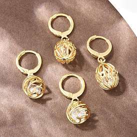 Полые овальные латунные серьги с прозрачными кубическими циркониями, застежка-крючок, стойки покрытие, долговечный, без свинца и без кадмия