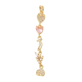 Grandes colgantes de latón con microincrustaciones de circonitas cúbicas rosas., corazones con dijes de frutas