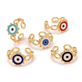 Real 18K Gold Plated Brass Cuff Ring, Enamel Flat Round with Evil Eye Lucky Protection Open Ring for Women, Lead Free & Cadmium Free & Nickel Free