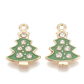 Alloy Enamel Pendants, Cadmium Free & Lead Free, with Rhinestone, Christmas Trees, Light Gold