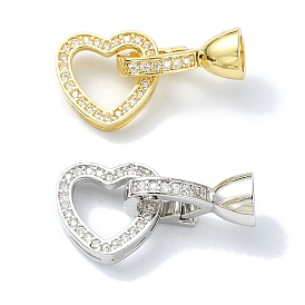 Rack Plating Brass Pave Clear Cubic Zirconia Fold Over Clasps, Long-Lasting Plated, Lead Free & Cadmium Free, Heart