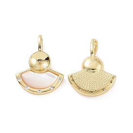 Rack Plating Brass Micro Pave Clear Cubic Zirconia Peg Bails Pendants, for Half Drilled Bead, with Natural White Shell, Fan