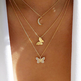 Sparkling Butterfly Pendant Necklace with Triple-layered Alloy Chain