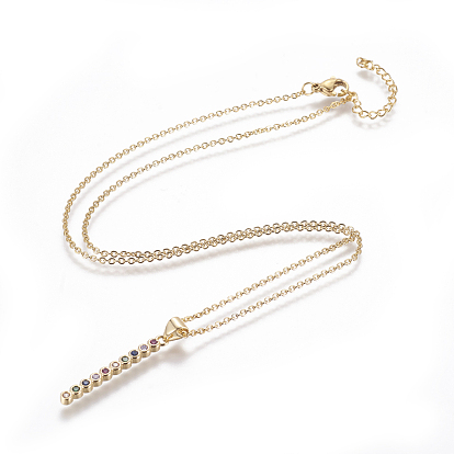 304 Stainless Steel Pendant Necklaces, with Brass Cubic Zirconia Pendants, Strip