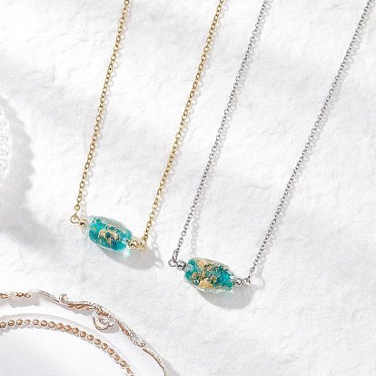 2 шт. 2 цвета овальный кулон ручной работы из золотого песка в технике лэмпворк 304 ожерелья из нержавеющей стали с цепочкой-кабелем, средне бирюзовый