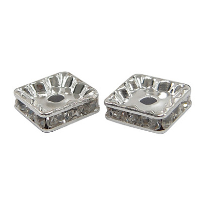 Brass Rhinestone Spacer Beads, Rack Plating, Nickel Free, Square, Platinum