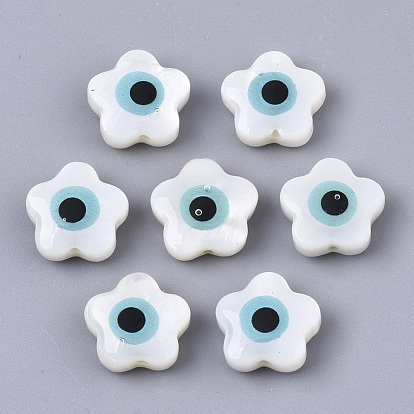Perles de coquillages naturels d'eau douce, avec l'émail, fleur avec le mauvais œil