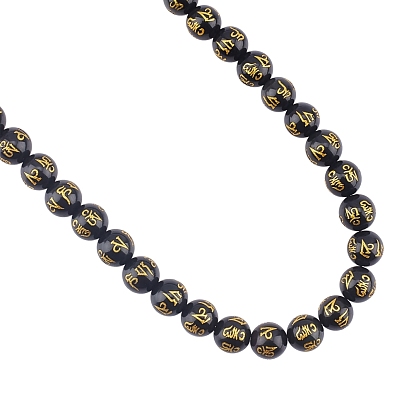 Obsidienne naturelle perles brins, ronde sculpté om mani padme hum