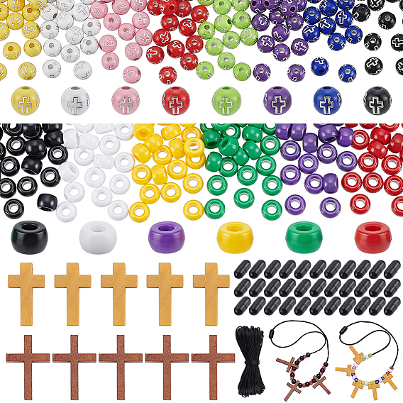 DIY Cross Pendant Necklace Kits, including 320Pcs Acrylic Beads, 40Pcs Wood Pendants, 480Pcs Resin Breakaway Clasps, 20M Polyester Cords