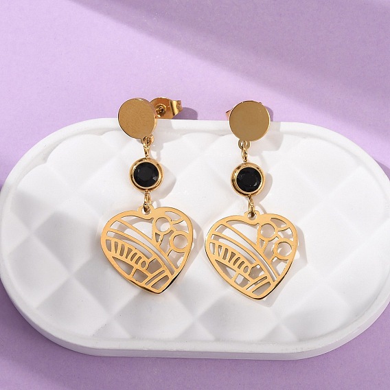 304 из нержавеющей стали болтаться серьги, со стеклом, сердце, ионное покрытие (ip)