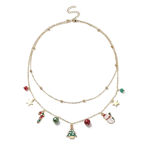 Brass Satellite Chains Double Layer Necklace, Candy Cane & Tree & Santa Claus Alloy Enamel Charms Christmas Necklace for Women