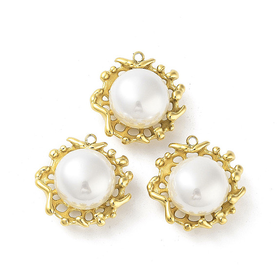 304 Stainless Steel Pendants, with Plastic Imitation Pearl Beads, Flower Charm
