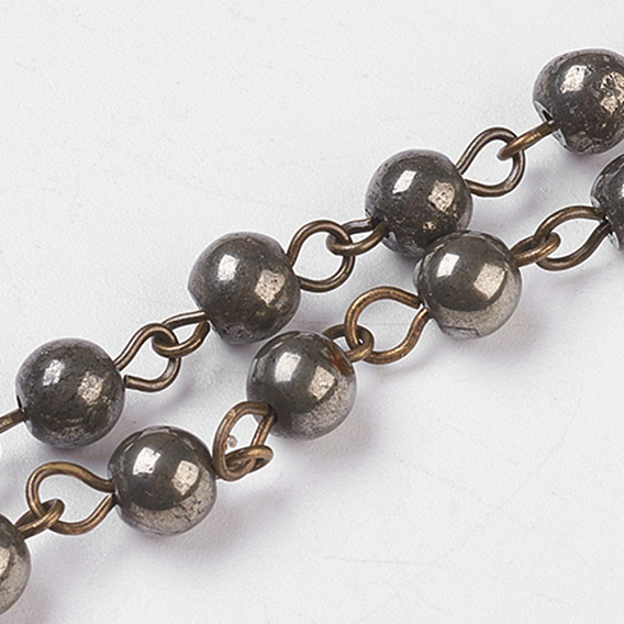 Natural Pyrite Handmade Beaded Chains, Unwelded, with Iron Eye Pin, Round