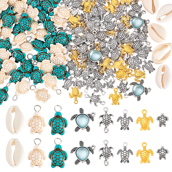 Наборы для самостоятельного изготовления черепашьих украшений, включают в себя разделительные бусины из сплава в тибетском стиле, окрашенные синтетические бирюзовые подвески, бусины из натуральной каури