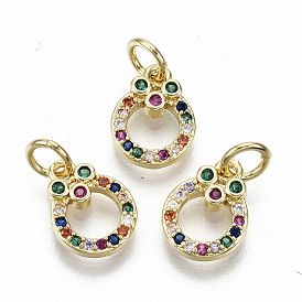 Brass Micro Pave Colorful Cubic Zirconia Charms, with Jump Rings, Nickel Free, Ring