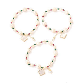 Латунные браслеты с подвесками в виде ромбов стрейч, реальный 18 k позолоченный, с натуральным жемчугом, бусины из редкоземельного стекла, долговечный