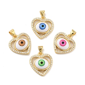 Brass Micro Pave Cubic Zirconia Pendants, with Acrylic, Cadmium Free & Lead Free, Long-Lasting Plated, Heart with Evil Eye, Real 18K Gold Plated