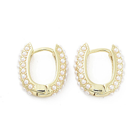 Oval Brass Hoop Earrings, with Plastic Pearl, Long-Lasting Plated, Lead Free & Cadmium Free