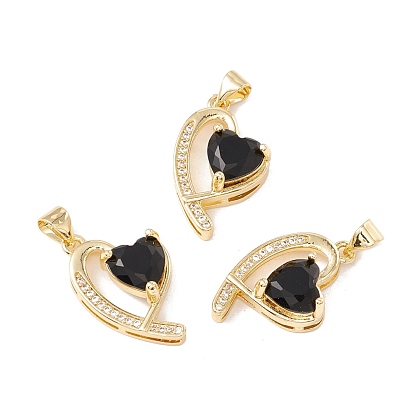 Brass Micro Pave Black Cubic Zirconia Pendants, Cadmium Free & Lead Free, Heart