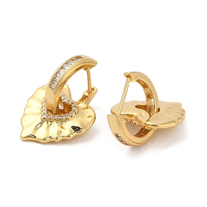 Brass Micro Pave Cubic Zirconia Dangle Hoop Earrings, Heart