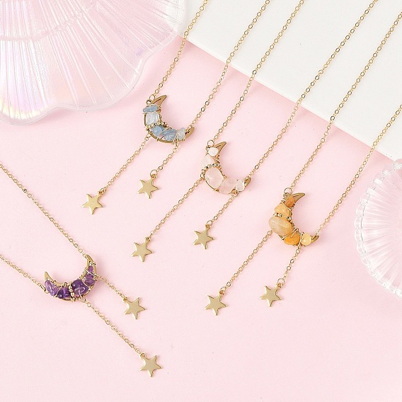 4Pcs 4 Styles Natural Aquamarine & Rose Quartz & Topaz Jade & Amethyst Chip Beads Moon Pendant Brass Cable Chain Necklaces for Women, Golden