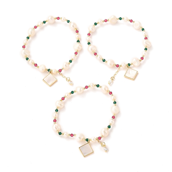 Латунные браслеты с подвесками в виде ромбов стрейч, реальный 18 k позолоченный, с натуральным жемчугом, бусины из редкоземельного стекла, долговечный