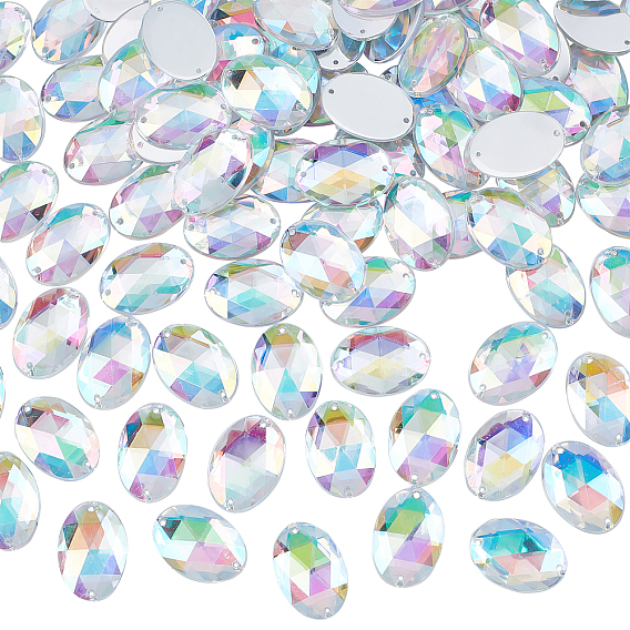 100Шитье со стразами, прозрачный акриловый горный хрусталь, два отверстия, аксессуары для одежды, аксессуары для одежды, с покрытием AB цвета, граненые, овальные