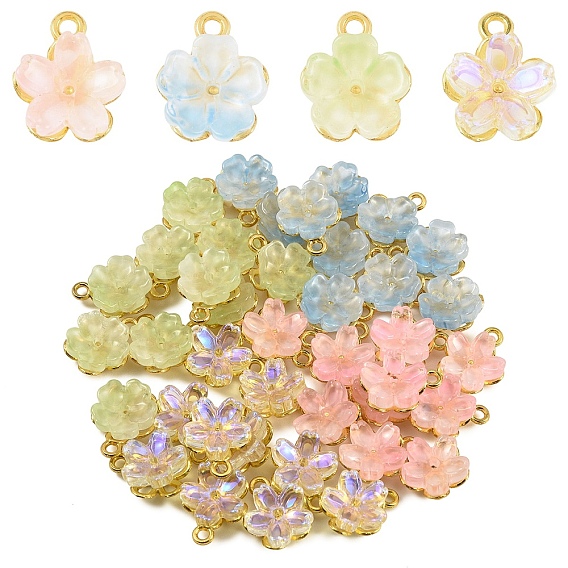 20Pcs 4 Colors Alloy Glass Charms, Flower, Golden