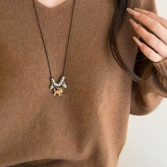Alloy & Plastic Horse Pendant Adjustable Waxed Cord Long Necklaces for Women, PeachPuff