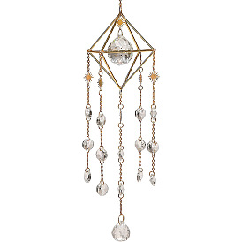 Glass Round Pendant Decoration, Hanging Suncatchers, with Metal Findings and Octagon Link, for Home Window Decoration
