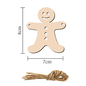 10Pcs Gingerbread Man Unfinished Wood Cutouts Ornaments, with Hemp Rope, for Blank Crafts DIY Christmas Party Hanging Decoration Supplies
