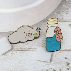 Cute Sleeping Cloud Enamel Pin with Heart-shaped Drops and Blue Glitter